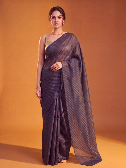 Magic At Midnight - Blue Striped Mul Cotton Zari Saree