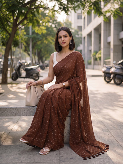 Dot Theory chocolate brown polka dot modal cotton saree, for daily wear