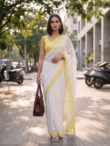 Bright Side - White Mulmul Cotton Saree With Yellow Border