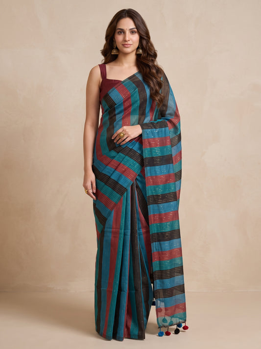 Siyaahi - Multicolour Striped Mul Cotton Zari Saree