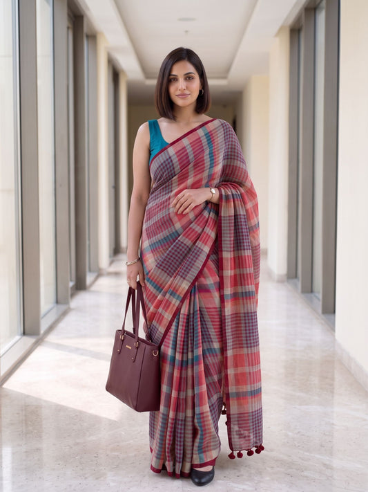Corner Office - Multicolour Checked Pure Handloom Linen Saree