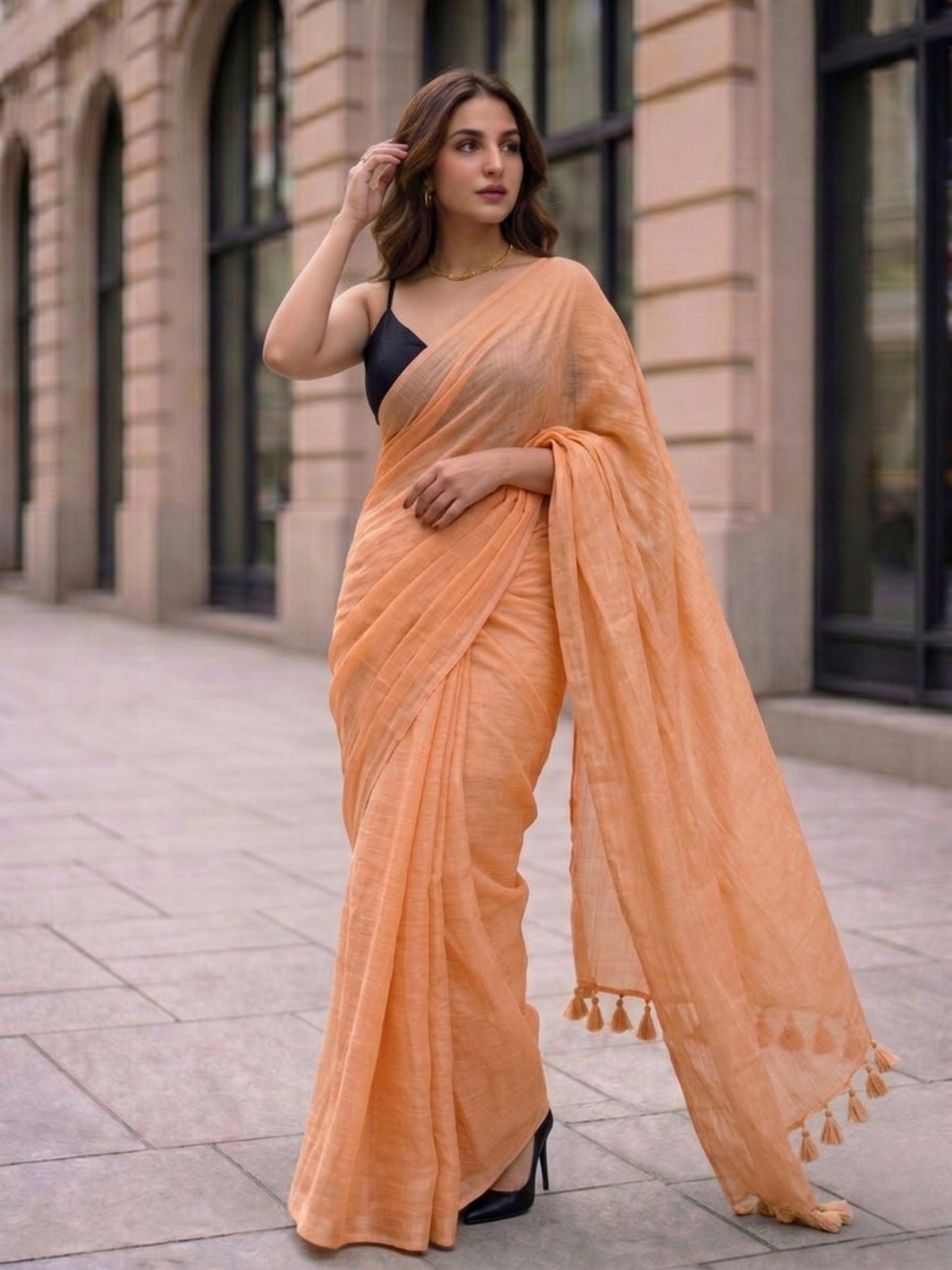 Dusty Rose - Plain Peach Mul Modal Saree
