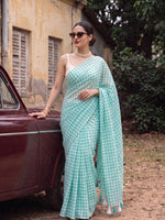 Cloudless Sky aqua blue gingham mulmul cotton saree from MAYIN India