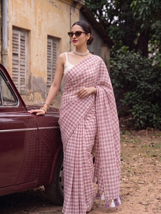 Dusty Petal - Mauve Pink Gingham Mulmul Cotton Saree