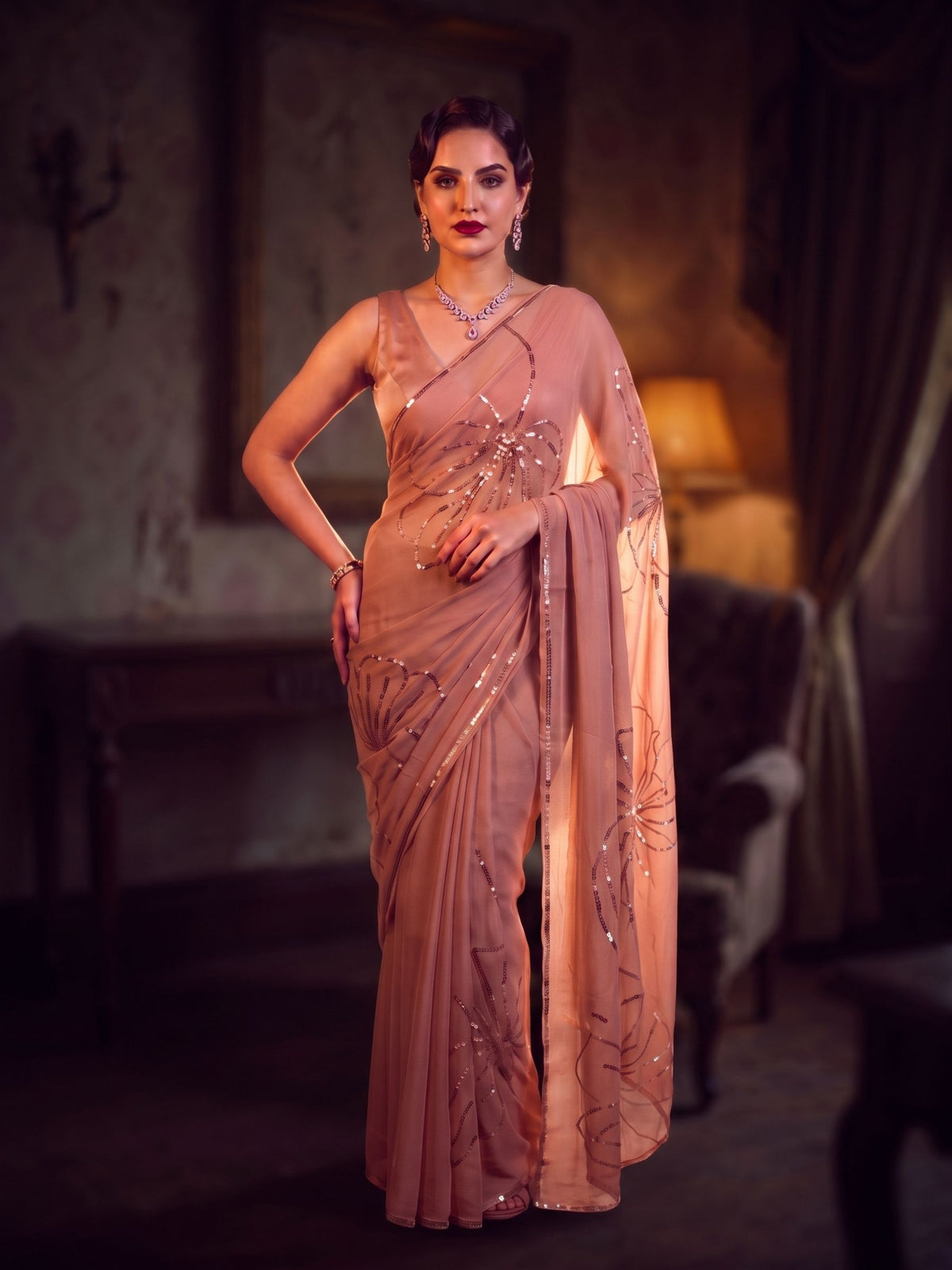 Leading Lady - Dusty Pink Sequin Pure Chiffon Partywear Saree