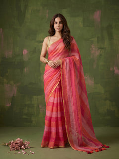 Sarini - Pink & Orange Striped Mul Cotton Zari Saree