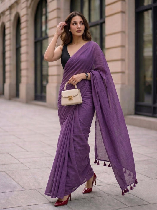 Twilight Bloom - Plain Deep Violet Mul Cotton Saree