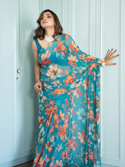 Veyona - Blue Floral Print Pure Chiffon Saree