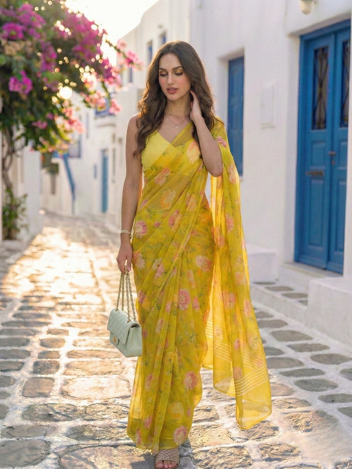 Zyra - Lime Green Floral Print Pure Chiffon Saree