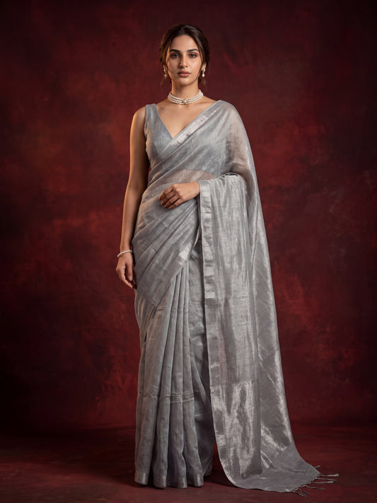 Silver Handloom Linen Tissue Saree