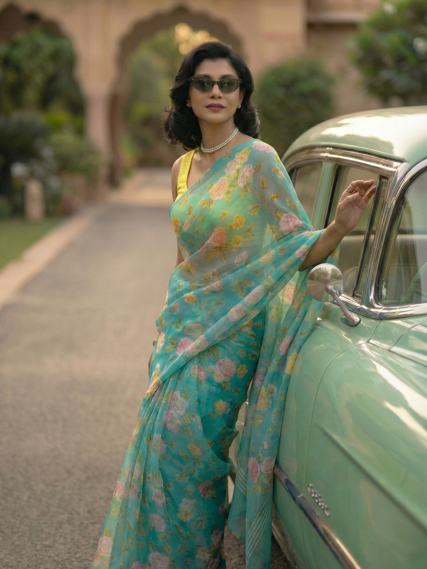 Selene - Turquoise Blue Floral Print Pure Chiffon Saree