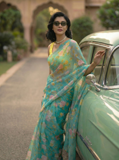 Selene - Turquoise Blue Floral Print Pure Chiffon Saree