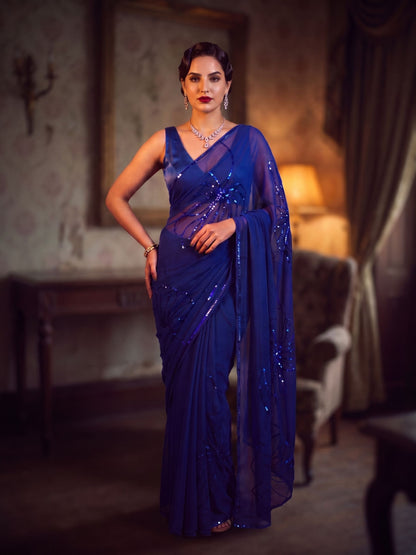 City of Stars - Royal Blue Sequin Pure Chiffon Partywear Saree