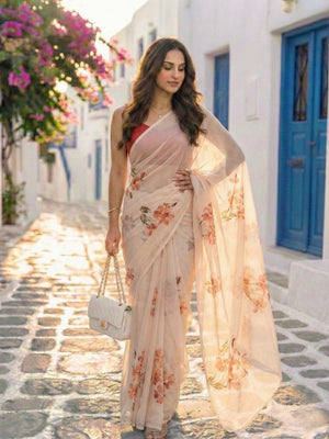 Frangipani - Beige Floral Hand Painted Pure Chiffon Saree