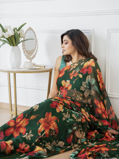 Orelia - Green Floral Print Pure Chiffon Saree