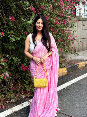 Blush Orchard - Soft Pink Gingham Mulmul Cotton Saree