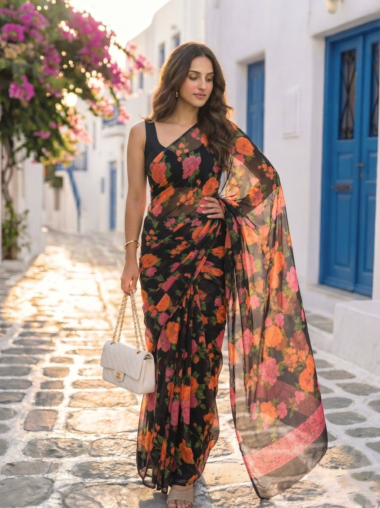 Nyra - Black Floral Print Pure Chiffon Saree