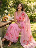 Damask Rose - Pink Floral Hand Painted Pure Chiffon Saree