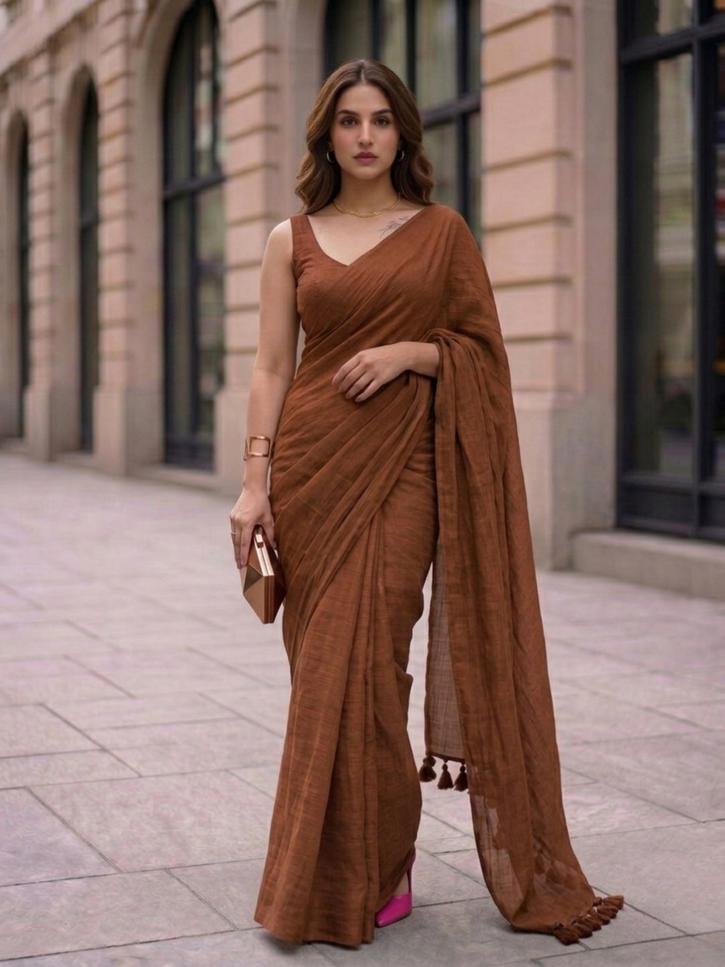 Cocoa - Plain Brown Modal Cotton Saree