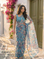 Sakura - Blue Floral Print Pure Chiffon Saree