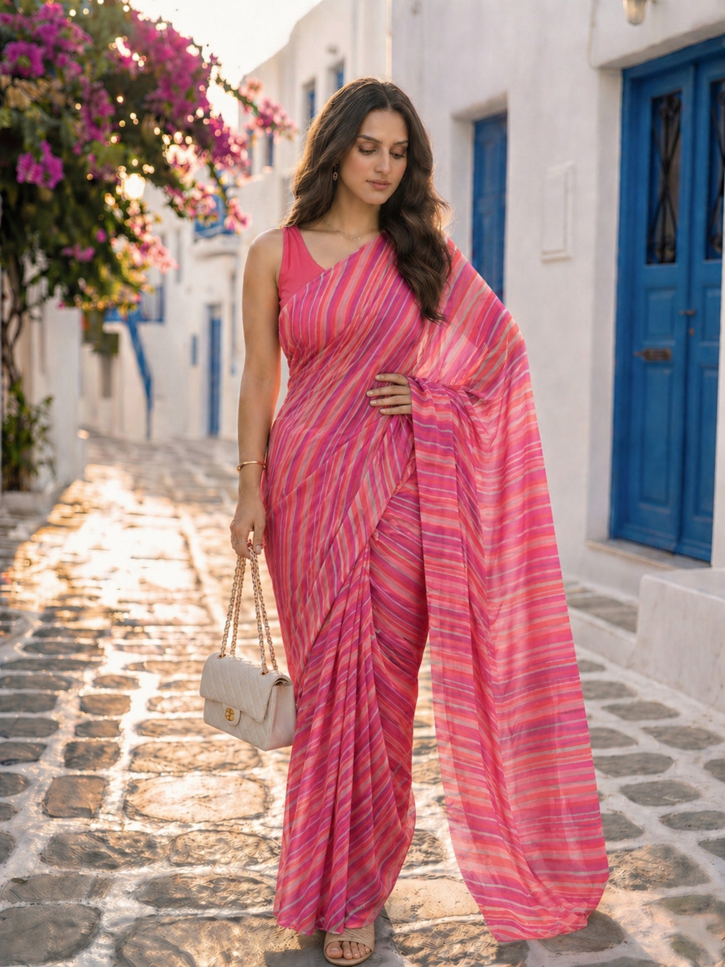 Rouge Waves - Pink Leheriya Pure Chiffon Saree