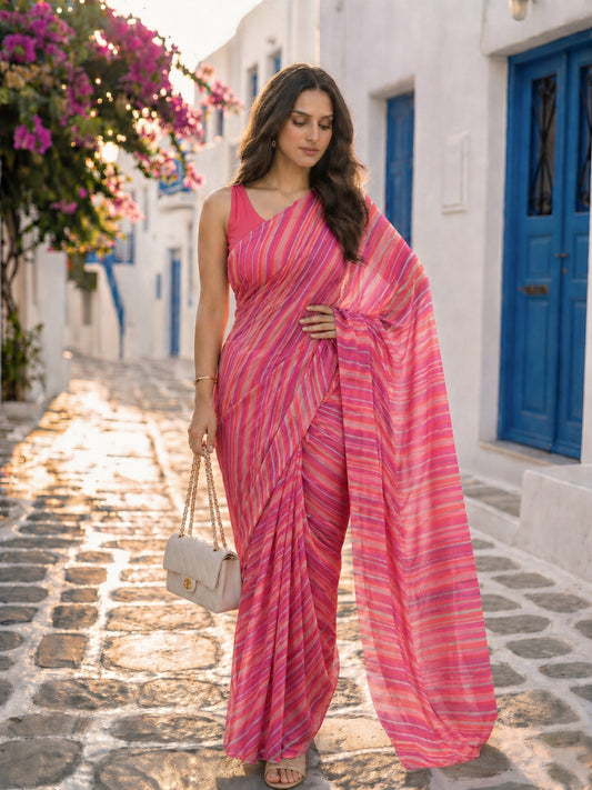 Rouge Waves - Pink Purple Leheriya Pure Chiffon Saree