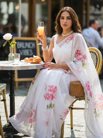 English Primrose - White Floral Hand Painted Pure Chiffon Saree