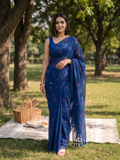 Gardenalia Royal Blue - Floral Embroidered Mulmul Cotton Saree