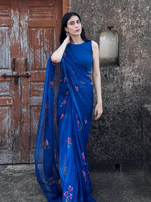Azura - Royal Blue Floral Print Pure Chiffon Partywear Saree