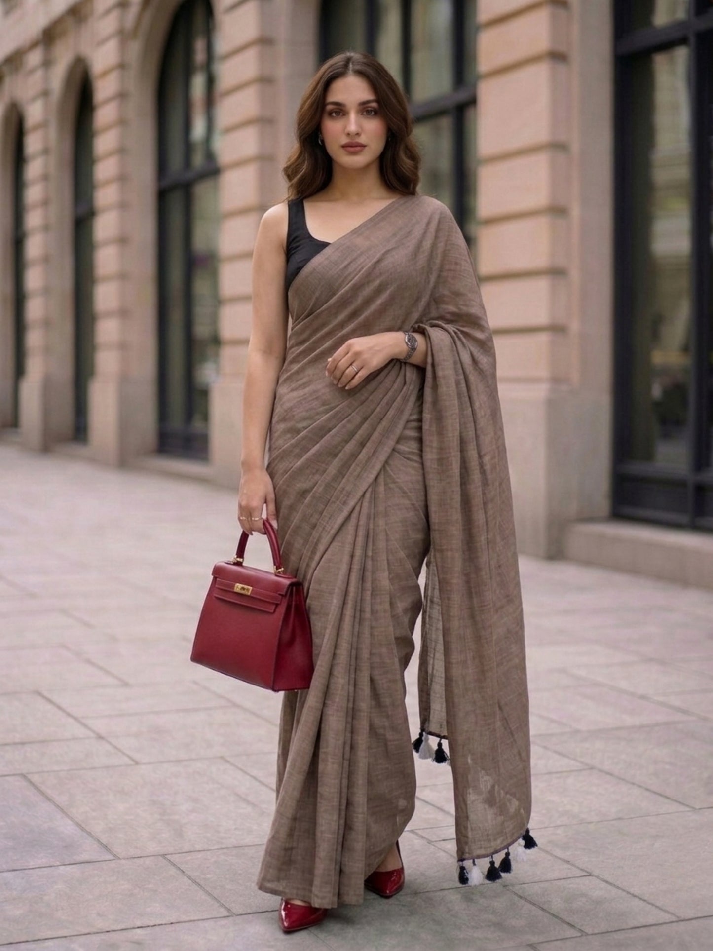 Toasted Almond - Plain Taupe Brown Mul Cotton Saree