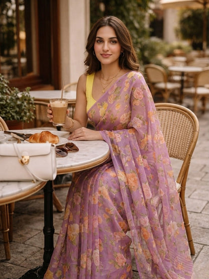 Solenne - Lavender Floral Print Pure Chiffon Saree