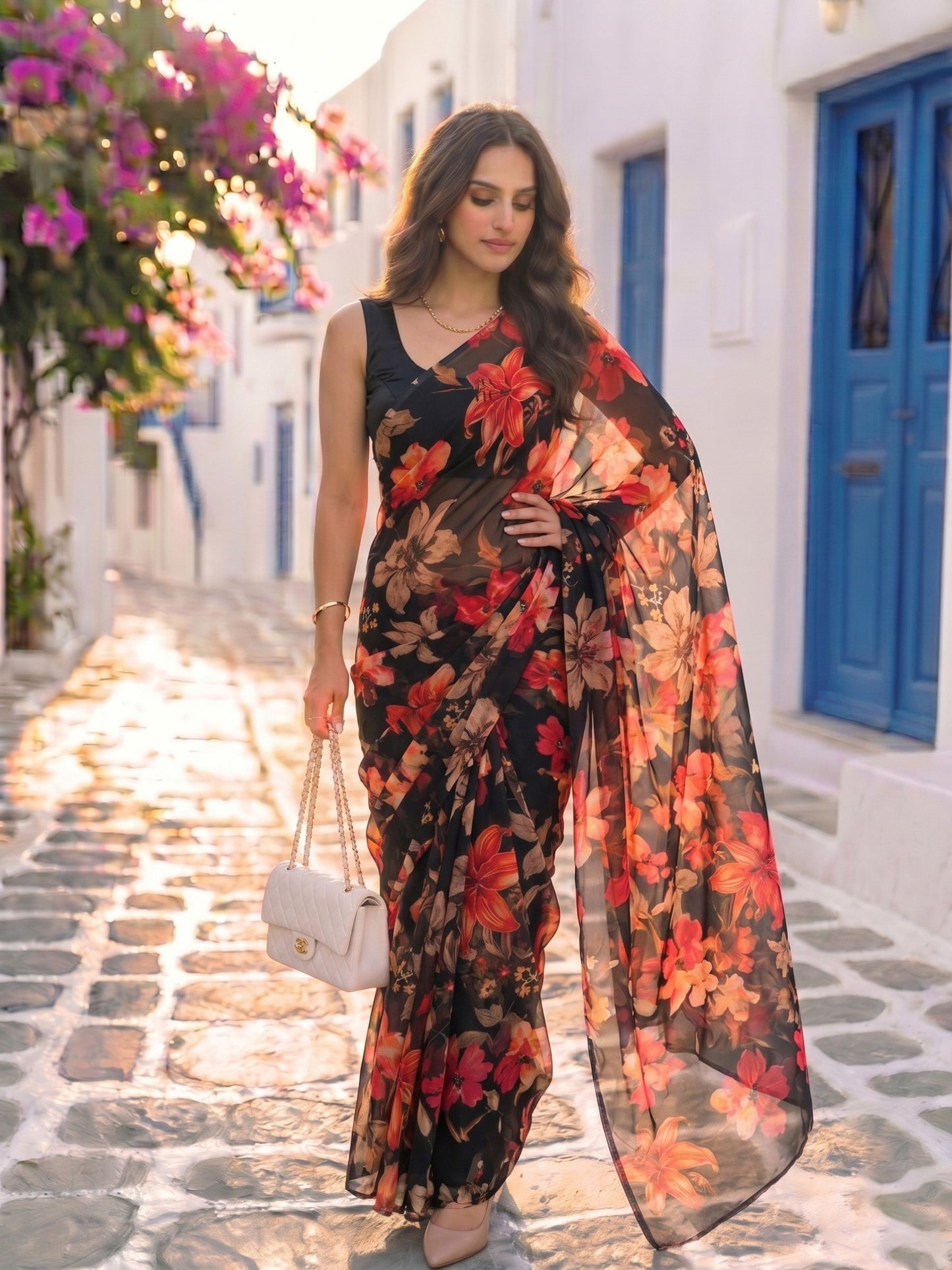 Noxana - Black Floral Print Pure Chiffon Saree