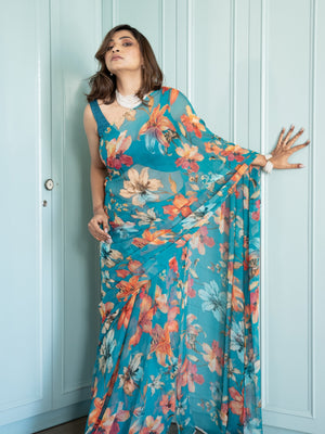 Veyona - Blue Floral Print Pure Chiffon Saree