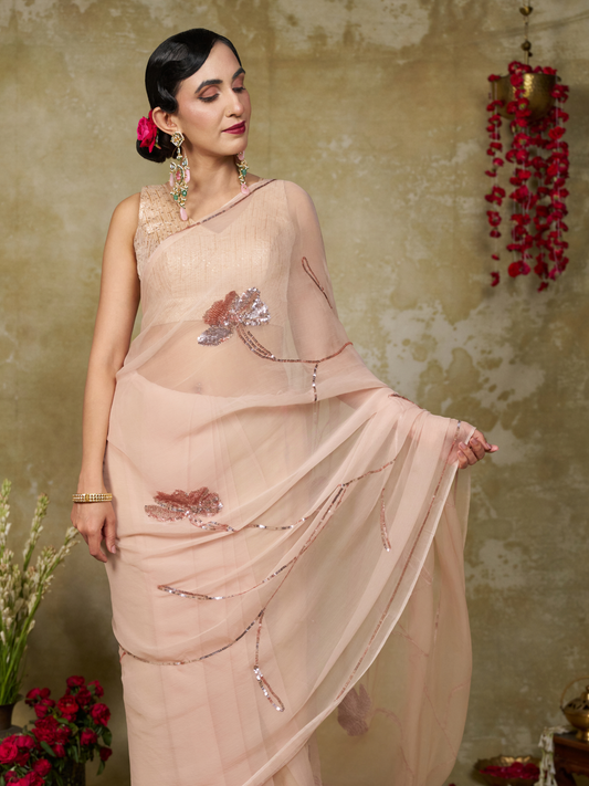 Lovelace - Blush Pink Rose Gold Sequin Pure Chiffon Saree
