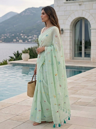 Gardenalia Mint - Embroidered Mulmul Cotton Saree
