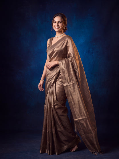 Ivara - Plain Bronze Handloom Tissue Saree