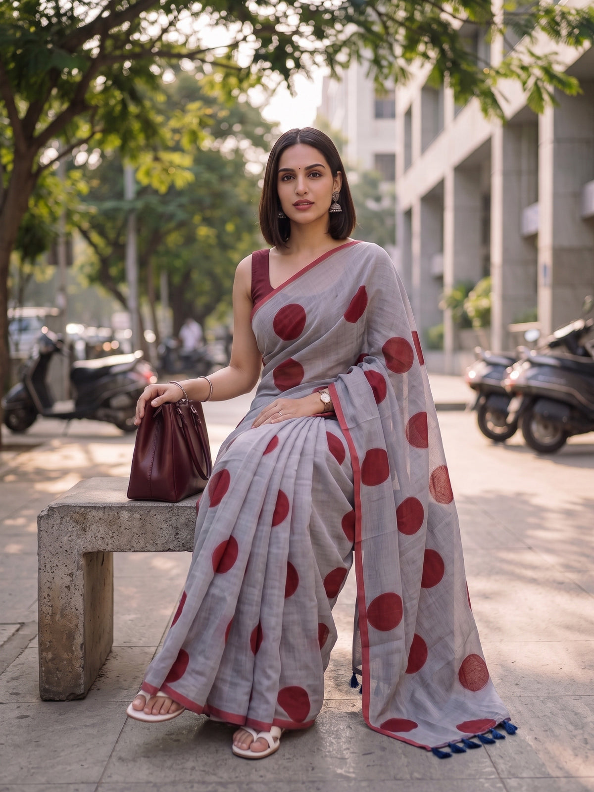 Spot On charcoal polka dot mulmul cotton saree, for daily wear