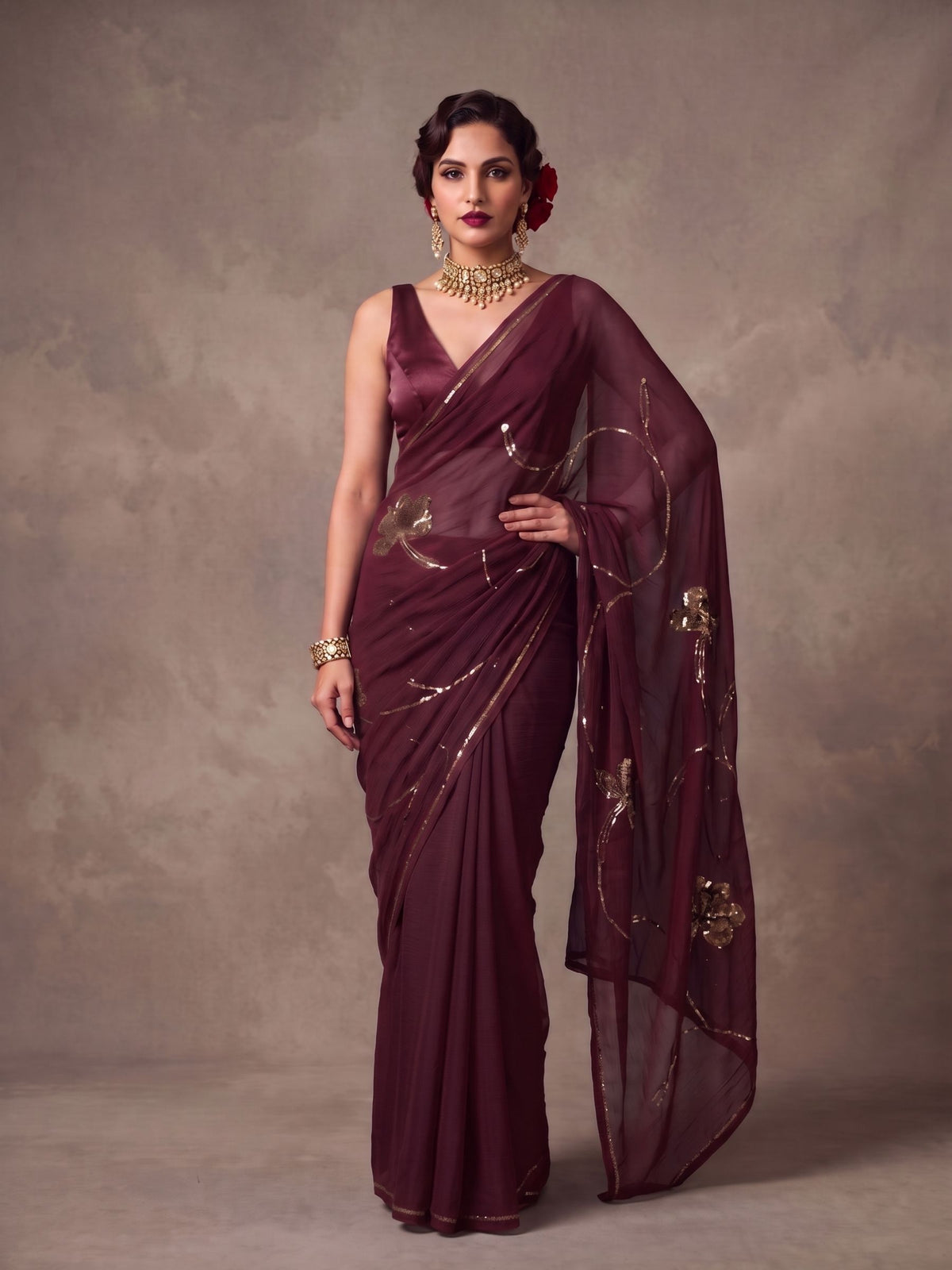 Midas - Resin Gold Sequin Pure Chiffon Partywear Saree