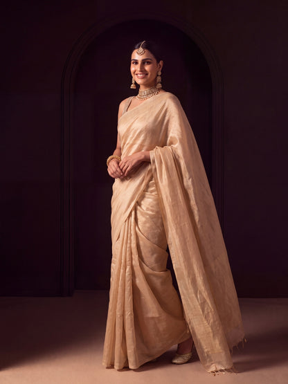 Meira - Plain Ivory and Gold Handloom Tissue Saree
