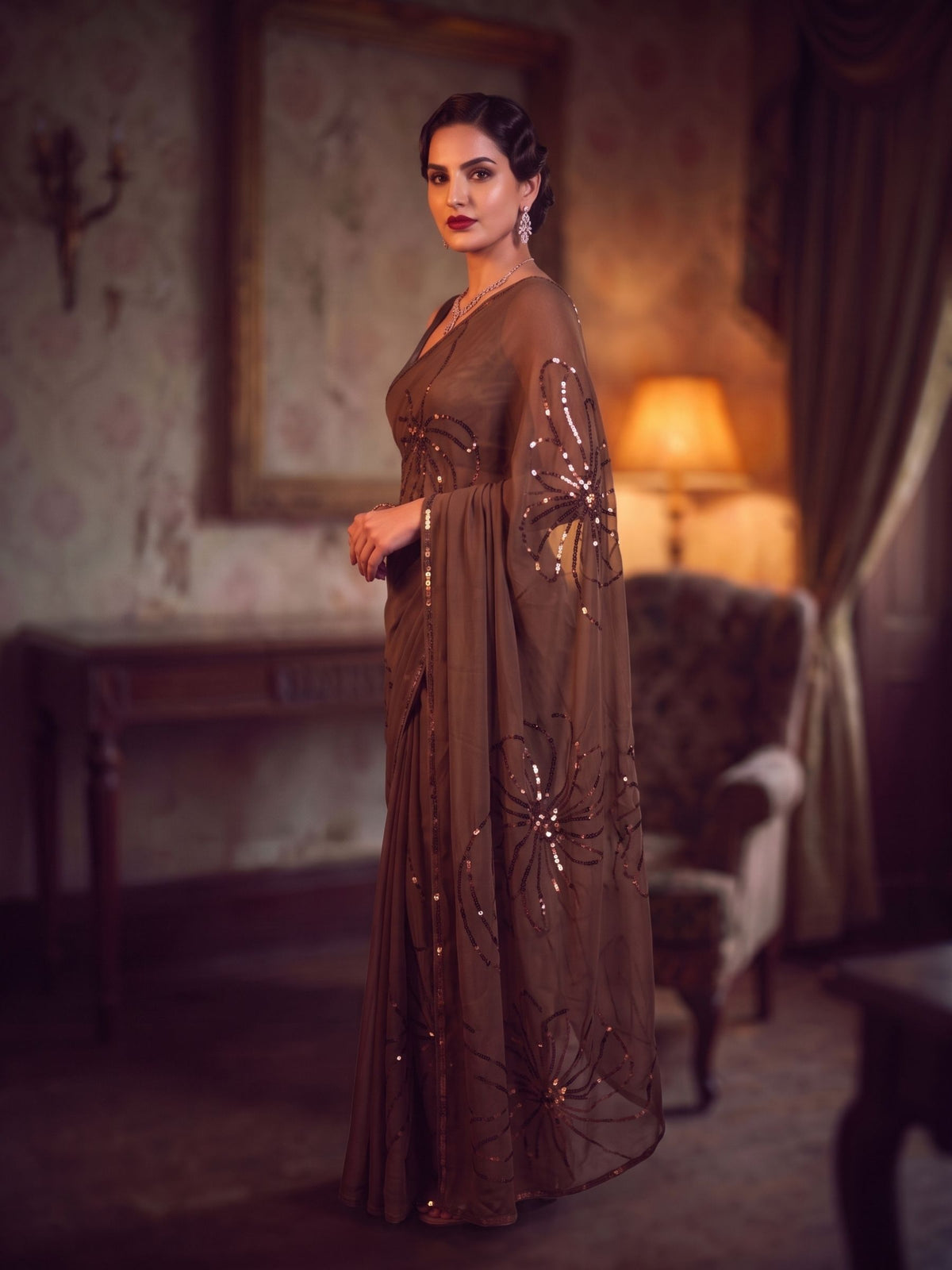 Final Act - Brown Sequin Pure Chiffon Partywear Saree