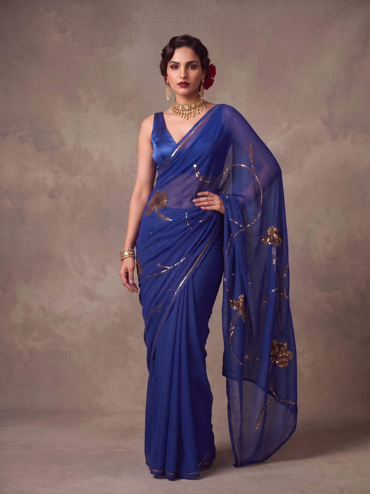 Sapphire - Royal Blue Gold Sequin Pure Chiffon Partywear Saree