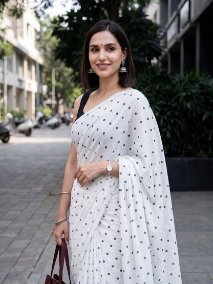 Moonlit Pearl white polka dot modal cotton saree, for office wear