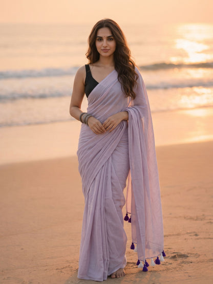 Lilac Blush - Plain Purple Mul Saree