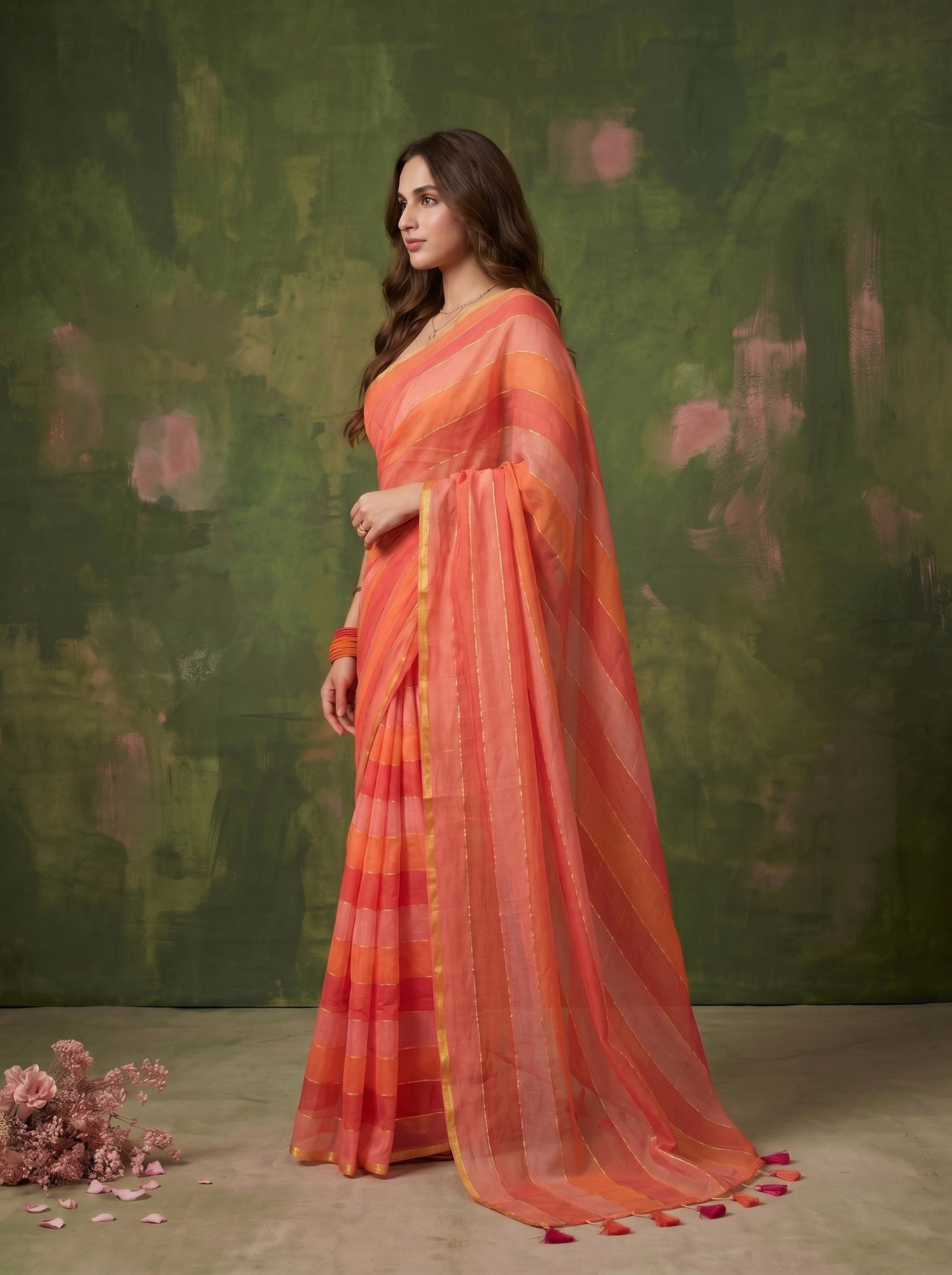 Rangrez - Red & Orange Striped Mul Cotton Zari Saree