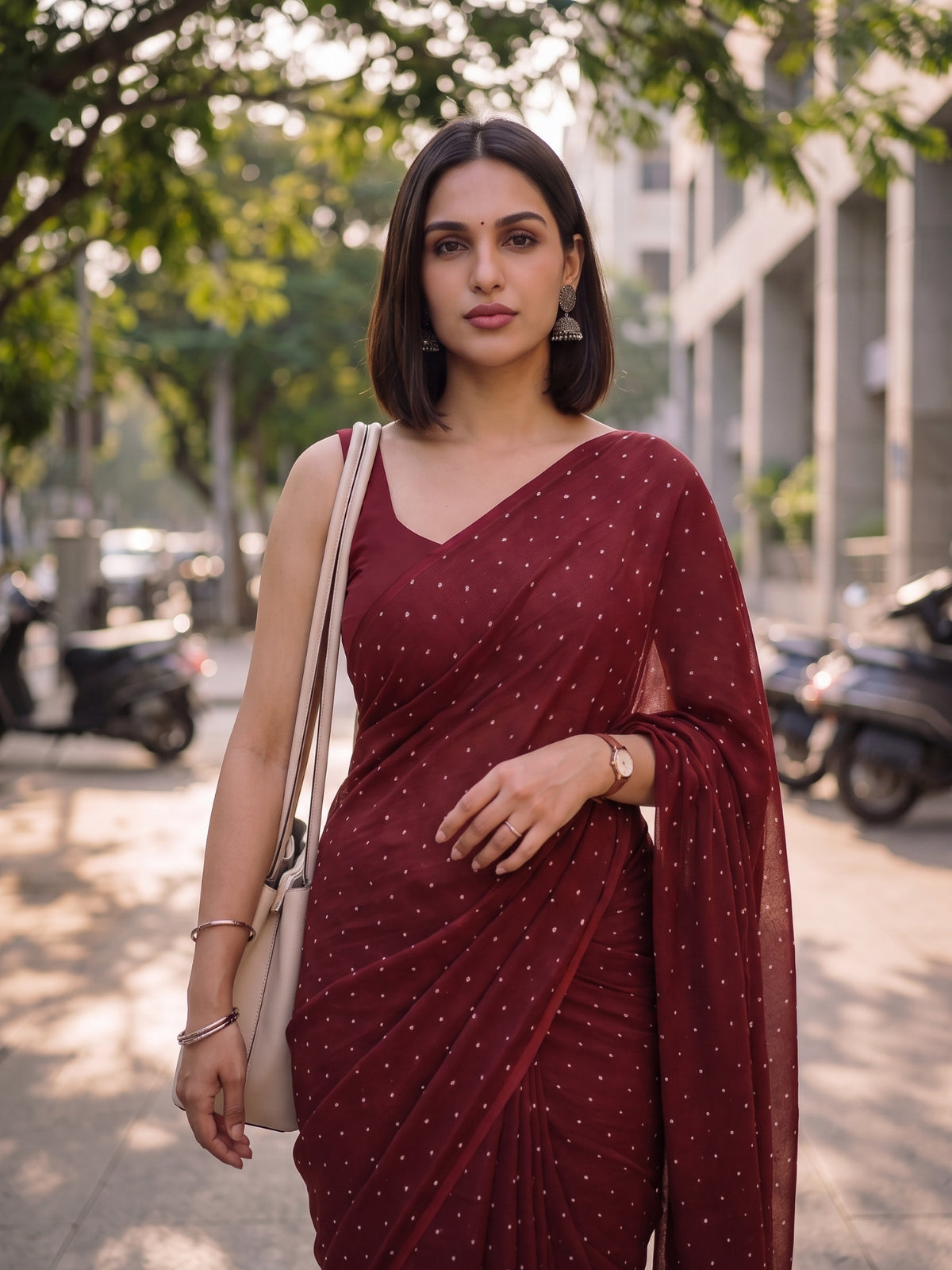 Maroon red polka dot modal cotton saree, Regal Pin Drop by MAYIN