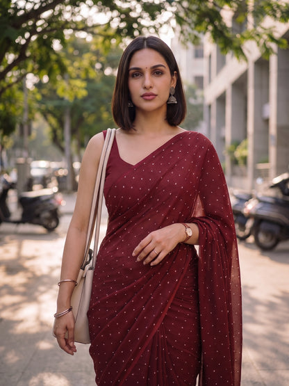 Maroon red polka dot modal cotton saree, Regal Pin Drop by MAYIN