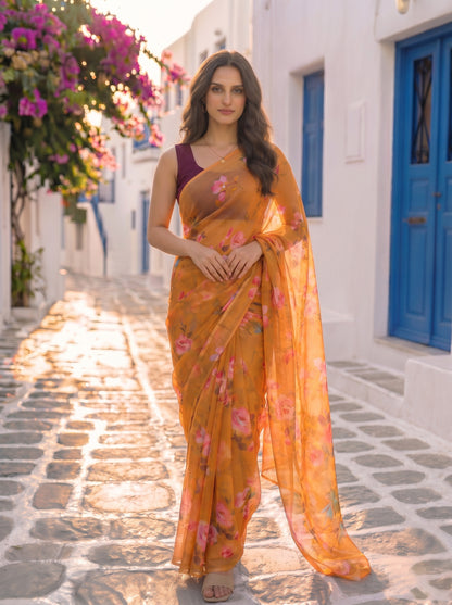 Sunlit Rose - Mustard Floral Print Pure Chiffon Saree