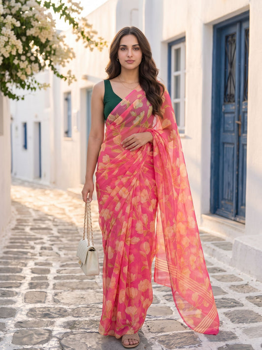 Elysia pink floral print pure chiffon party wear saree from MAYIN India