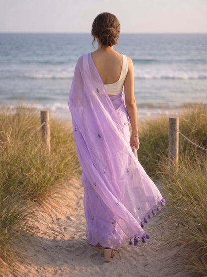 Periwinkle - Handembroidered Lilac Mulmul Cotton Saree