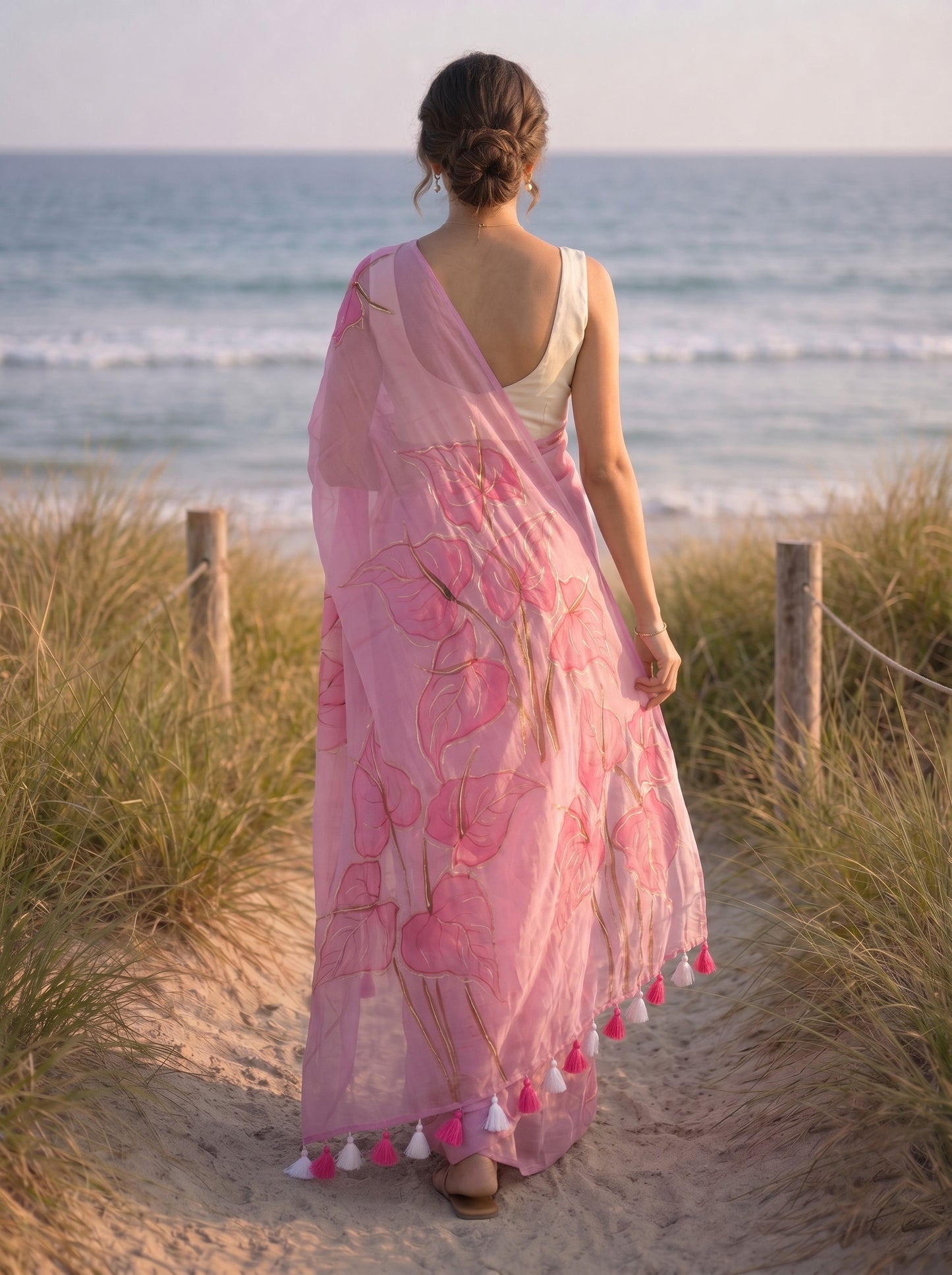 Anthuria- Blush Pink Handpainted Mulmul Saree